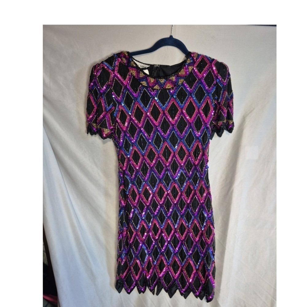 Night Vogue Vintage Beaded Sequin Party Dress Black Pink Blue Small